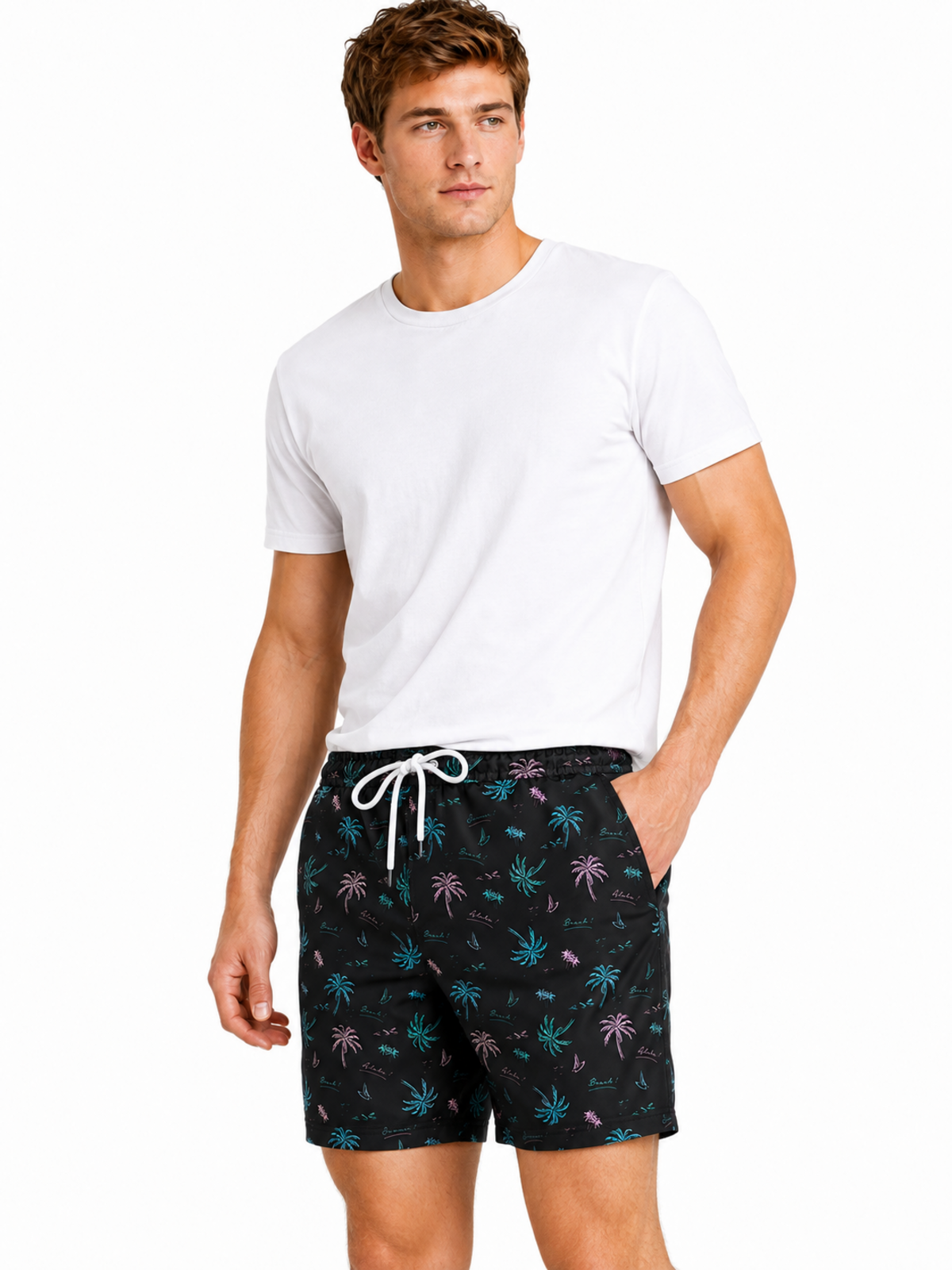 BLK PALM SWIM TRUNK