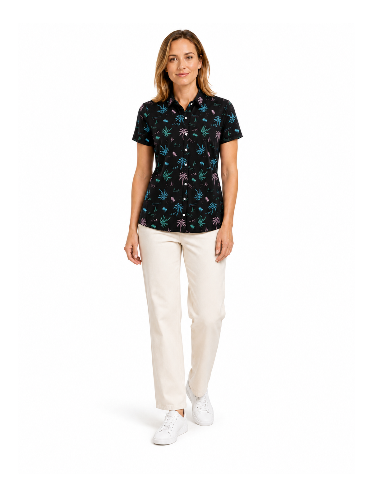 BLK PALM BUTTON DOWN WOMENS