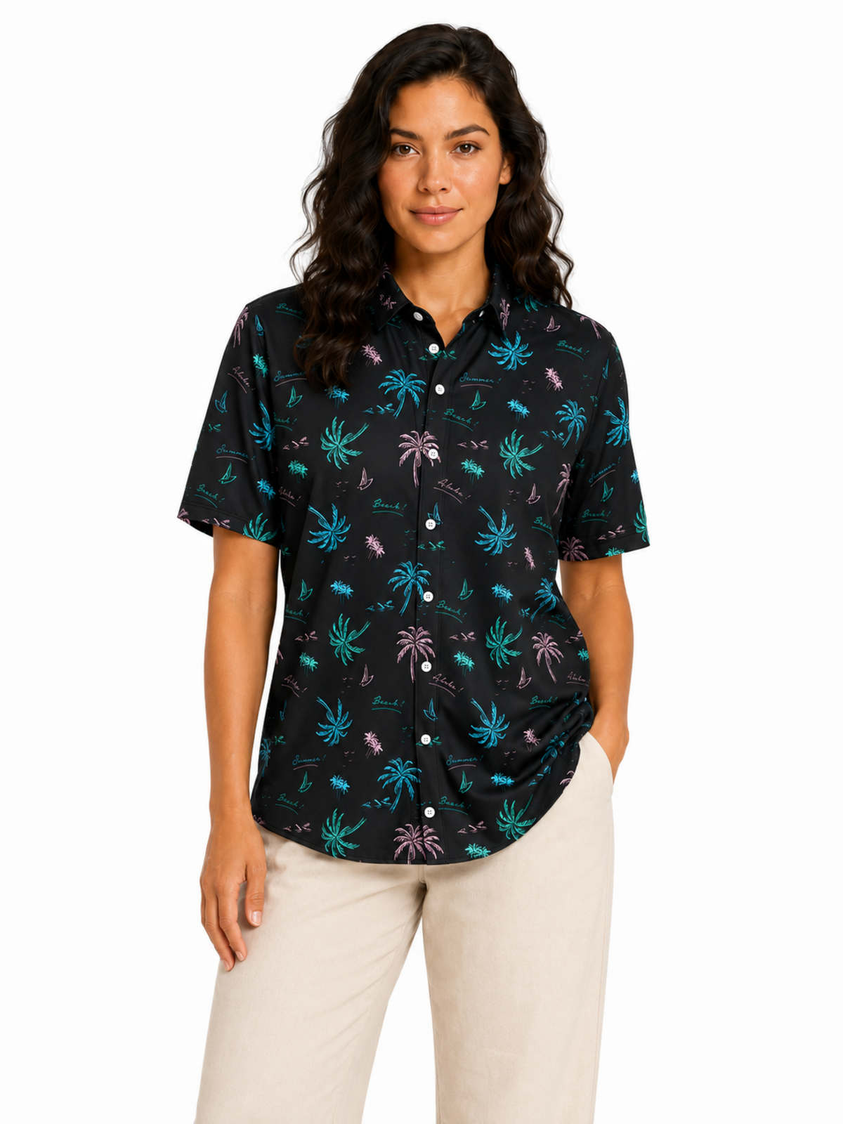 BLK PALM BUTTON DOWN WOMENS